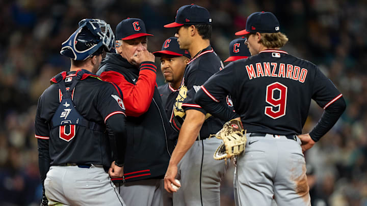Mar 28, 2026: Cleveland Guardians starting pitcher Joey Cantillo (54), center, meets at the mound with pitching coach Carl Willis, second from left, catcher David Fry (6), left, third baseman Jose Ramírez (11), third from left, and first baseman Kyle Manzardo (9) during the fourth inning at T-Mobile Park. Mar 28, 2026: Cleveland Guardians starting pitcher Joey Cantillo (54), center, meets at the mound with pitching coach Carl Willis, second from left, catcher David Fry (6), left, third baseman Jose Ramírez (11), third from left, and first baseman Kyle Manzardo (9) during the fourth inning at T-Mobile Park.