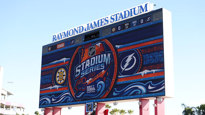 Feb 1, 2026; Tampa Bay, Florida, USA; A view of the scoreboard at the 2026 Stadium Series ice hockey game between the Tampa Bay Lightning and the Boston Bruins at Raymond James Stadium. Mandatory Credit: Nathan Ray Seebeck-Imagn Images Feb 1, 2026; Tampa Bay, Florida, USA; A view of the scoreboard at the 2026 Stadium Series ice hockey game between the Tampa Bay Lightning and the Boston Bruins at Raymond James Stadium. Mandatory Credit: Nathan Ray Seebeck-Imagn Images