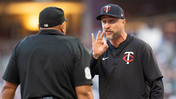 May 10, 2025; Minneapolis, Minnesota, USA; Minnesota Twins manager Rocco Baldelli (5) is ejected after arguing with home plate umpire Adrian Johnson in the sixth inning of the game against the San Francisco Giants at Target Field.