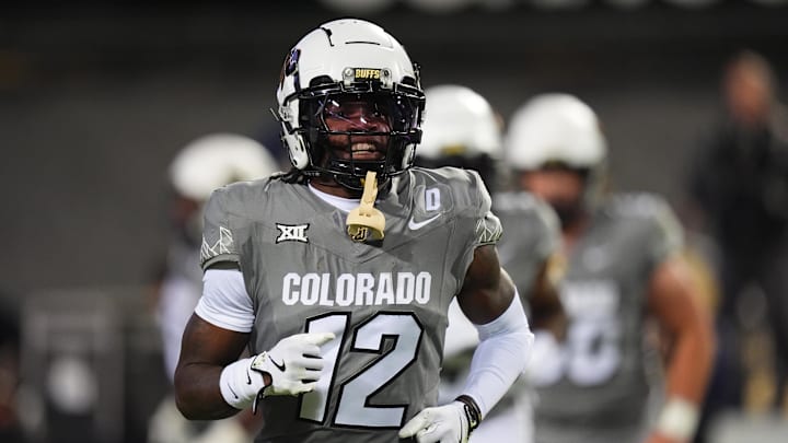 Oct 26, 2024; Boulder, Colorado, USA; Colorado Buffaloes wide receiver Travis Hunter (12) reacts after touchdown reception in the first quarter against the Cincinnati Bearcats at Folsom Field. Oct 26, 2024; Boulder, Colorado, USA; Colorado Buffaloes wide receiver Travis Hunter (12) reacts after touchdown reception in the first quarter against the Cincinnati Bearcats at Folsom Field.