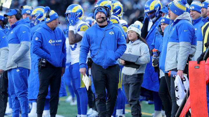 Dec 22, 2024; East Rutherford, New Jersey, USA; Los Angeles Rams head coach Sean McVay coaches against the New York Jets during the second quarter at MetLife Stadium. Mandatory Credit: Brad Penner-Imagn Images