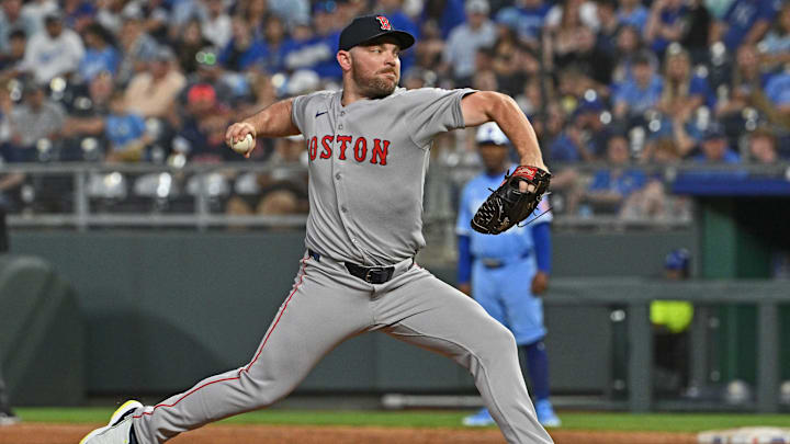 May 10, 2025; Kansas City, Missouri, USA; Boston Red Sox relief pitcher Liam Hendriks (31) throws a pitch in the eighth inning against the Kansas City Royals at Kauffman Stadium. Mandatory Credit: Peter Aiken-Imagn Images May 10, 2025; Kansas City, Missouri, USA; Boston Red Sox relief pitcher Liam Hendriks (31) throws a pitch in the eighth inning against the Kansas City Royals at Kauffman Stadium. Mandatory Credit: Peter Aiken-Imagn Images