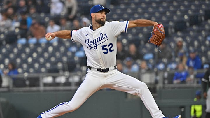 May 7, 2025; Kansas City, Missouri, USA; Kansas City Royals starting pitcher Michael Wacha (52) throws a pitch in the first inning against the Chicago White Sox at Kauffman Stadium. Mandatory Credit: Peter Aiken-Imagn Images May 7, 2025; Kansas City, Missouri, USA; Kansas City Royals starting pitcher Michael Wacha (52) throws a pitch in the first inning against the Chicago White Sox at Kauffman Stadium. Mandatory Credit: Peter Aiken-Imagn Images