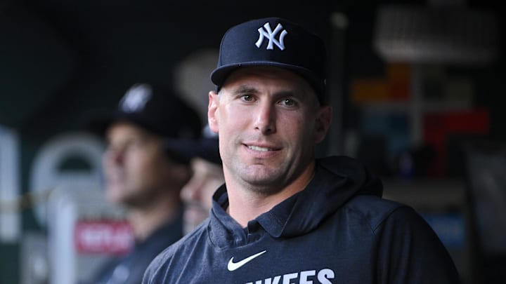 Aug 15, 2025; St. Louis, Missouri, USA;  New York Yankees first baseman Paul Goldschmidt (48) looks on from the dugout before a game against the St. Louis Cardinals at Busch Stadium. Mandatory Credit: Jeff Curry-Imagn Images
