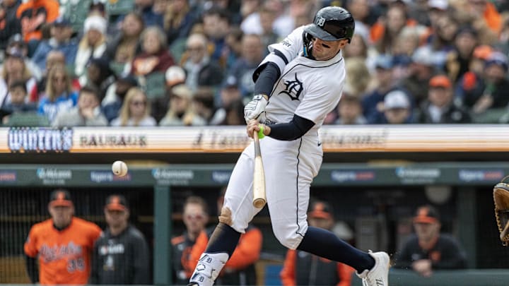 Apr 26, 2025; Detroit, Michigan, USA; Detroit Tigers third base Jace Jung (17) hits an RBI single off of Baltimore Orioles pitcher Bryan Baker (43) during game one of a double header at Comerica Park.