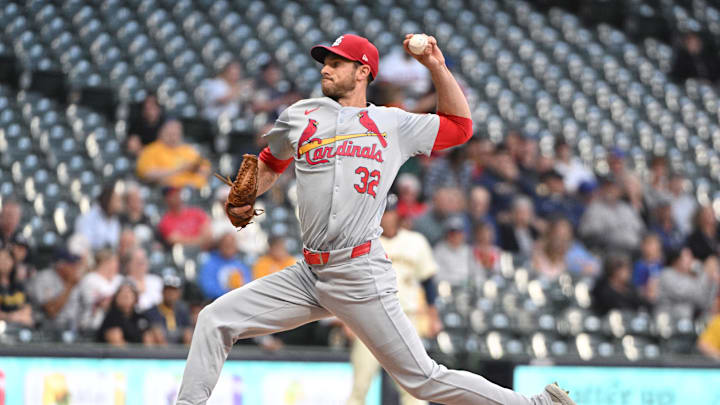 Sep 3, 2024; Milwaukee, Wisconsin, USA; St. Louis Cardinals pitcher Steven Matz (32) delivers a pitch against the Milwaukee Brewers in the first inning at American Family Field. Mandatory Credit: Michael McLoone-Imagn Images