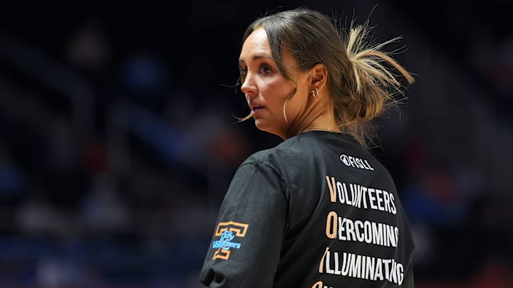 Tennessee basketball coach Kim Caldwell during the NCAA college basketball game against Missouri on Feb 12, 2026, in Knoxville, Tennessee. Tennessee basketball coach Kim Caldwell during the NCAA college basketball game against Missouri on Feb 12, 2026, in Knoxville, Tennessee.