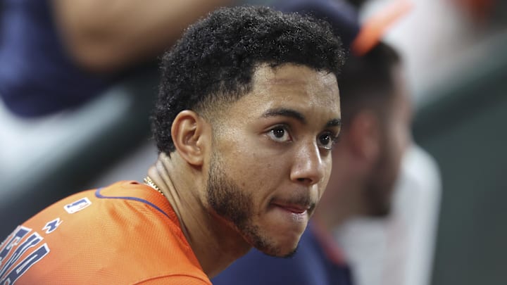 May 30, 2025; Houston, Texas, USA; Houston Astros shortstop Jeremy Pena (3) looks on from the dugout during the fifth inning against the Tampa Bay Rays at Daikin Park