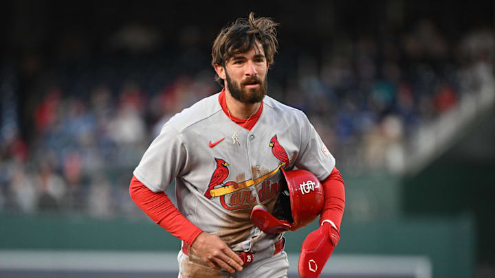 Apr 7, 2026; Washington, District of Columbia, USA; St. Louis Cardinals second baseman Thomas Saggese (25) returns to the dugout after being thrown out at second base during a stolen base attempt against the Washington Nationals during the second inning at Nationals Park. Mandatory Credit: Rafael Suanes-Imagn Images Apr 7, 2026; Washington, District of Columbia, USA; St. Louis Cardinals second baseman Thomas Saggese (25) returns to the dugout after being thrown out at second base during a stolen base attempt against the Washington Nationals during the second inning at Nationals Park. Mandatory Credit: Rafael Suanes-Imagn Images