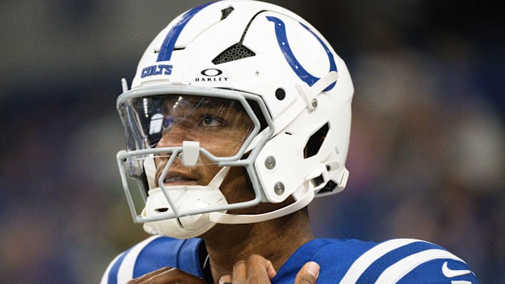 Aug 16, 2025; Indianapolis, Indiana, USA; Indianapolis Colts quarterback Anthony Richardson Sr. (5) during warmups prior to the game against the Green Bay Packers at Lucas Oil Stadium. Mandatory Credit: Robert Goddin-Imagn Images Aug 16, 2025; Indianapolis, Indiana, USA; Indianapolis Colts quarterback Anthony Richardson Sr. (5) during warmups prior to the game against the Green Bay Packers at Lucas Oil Stadium. Mandatory Credit: Robert Goddin-Imagn Images