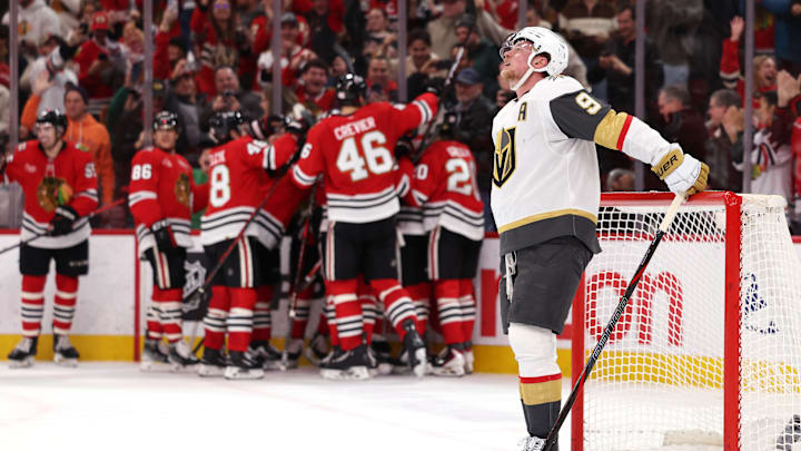 A frustrated Jack Eichel after the Blackhawks' OT winner on Sunday