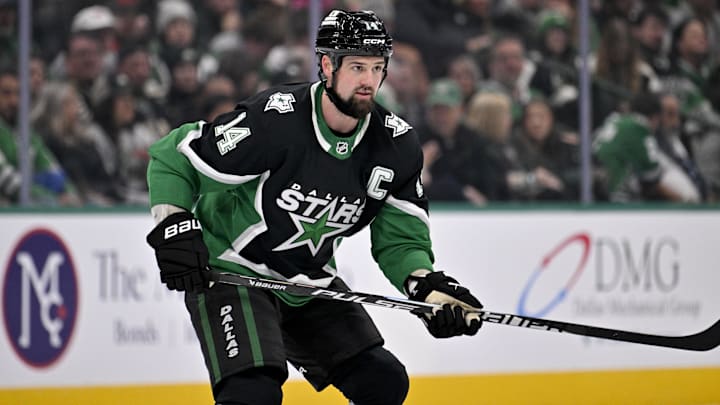 Nov 30, 2025; Dallas, Texas, USA; Dallas Stars left wing Jamie Benn (14) skates in the Ottawa Senators zone during the game between the Stars and the Senators at the American Airlines Center. Mandatory Credit: Jerome Miron-Imagn Images