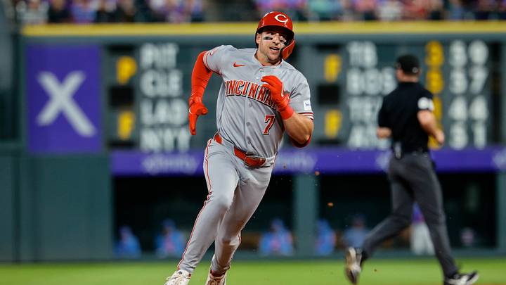 Jul 17, 2026; Denver, Colorado, USA; Cincinnati Reds right fielder Spencer Steer (7) rounds the bases on an inside the park home run in the eighth inning against the Colorado Rockies at Coors Field. Mandatory Credit: Isaiah J. Downing-Imagn Images Jul 17, 2026; Denver, Colorado, USA; Cincinnati Reds right fielder Spencer Steer (7) rounds the bases on an inside the park home run in the eighth inning against the Colorado Rockies at Coors Field. Mandatory Credit: Isaiah J. Downing-Imagn Images