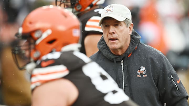 Dec 17, 2023; Cleveland, Ohio, USA; Cleveland Browns offensive line coach Bill Callahan watches