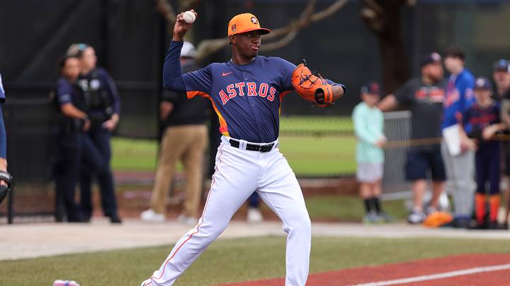 Feb 18, 2024; West Palm Beach, FL, USA; Houston Astros pitcher Misael Tamarez (73) plays catch at spring training. Mandatory Credit: Sam Navarro-USA TODAY Sports Feb 18, 2024; West Palm Beach, FL, USA; Houston Astros pitcher Misael Tamarez (73) plays catch at spring training. Mandatory Credit: Sam Navarro-USA TODAY Sports