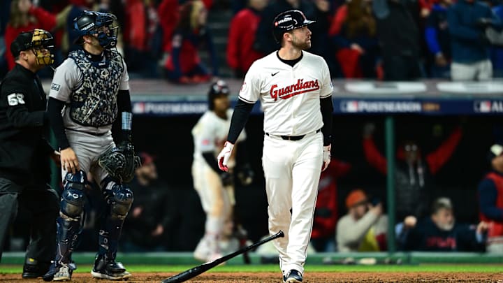 Oct 17, 2024; Cleveland, Ohio, USA; Cleveland Guardians first baseman David Fry (6) hits a game winning home run during the tenth inning against the New York Yankees in game 3 of the American League Championship Series at Progressive Field.  Mandatory Credit: David Dermer-Imagn Images