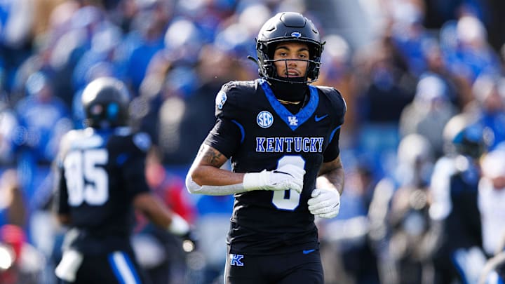Nov 30, 2024; Lexington, Kentucky, USA; Kentucky Wildcats wide receiver Dane Key (6) runs onto the field during the game against the Louisville Cardinals at Kroger Field. Mandatory Credit: Jordan Prather-Imagn Images