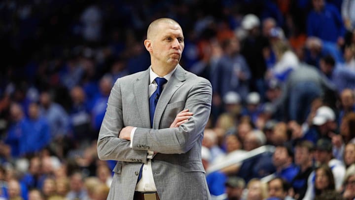 Mar 1, 2025; Lexington, Kentucky, USA; Kentucky Wildcats head coach Mark Pope looks to his bench during the first half against the Auburn Tigers at Rupp Arena at Central Bank Center. Mandatory Credit: Jordan Prather-Imagn Images