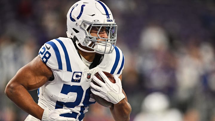 Nov 3, 2024; Minneapolis, Minnesota, USA; Indianapolis Colts running back Jonathan Taylor (28) warms up before the game against the Minnesota Vikings at U.S. Bank Stadium. Mandatory Credit: Jeffrey Becker-Imagn Images