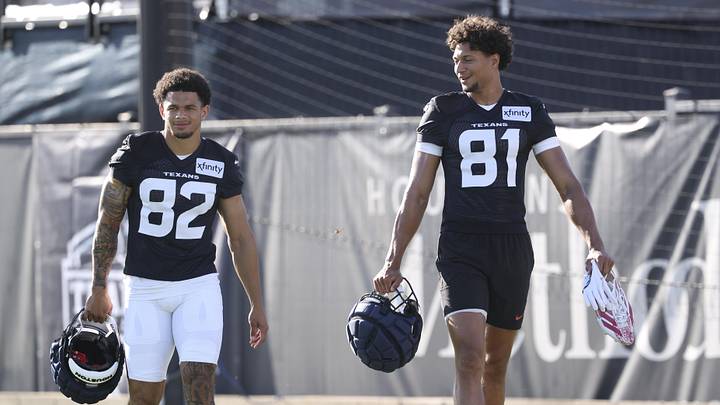 Jul 23, 2025; Houston, TX, USA; Houston Texans wide receiver Jaylin Noel (82) and wide receiver Jayden Higgins (81) during training camp at Houston Methodist Training Center. Mandatory Credit: Troy Taormina-Imagn Images Jul 23, 2025; Houston, TX, USA; Houston Texans wide receiver Jaylin Noel (82) and wide receiver Jayden Higgins (81) during training camp at Houston Methodist Training Center. Mandatory Credit: Troy Taormina-Imagn Images