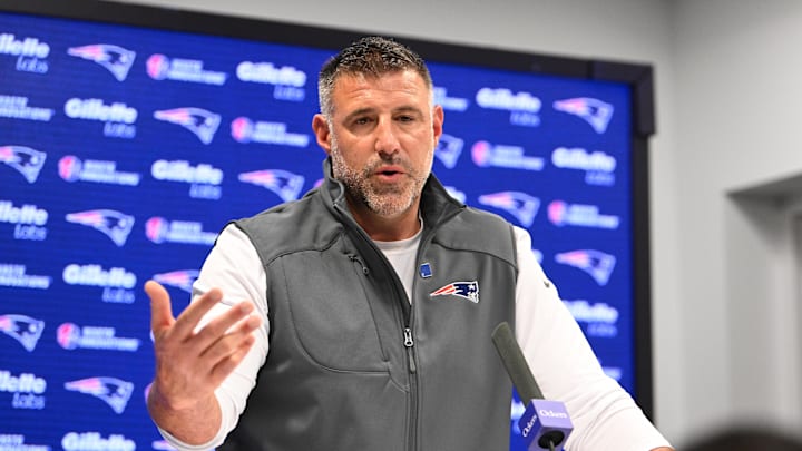 May 9, 2025; Foxborough, MA, USA;  New England Patriots head coach Mike Vrabel speaks the to media during a press conference at Gillette Stadium. Mandatory Credit: Eric Canha-Imagn Images
