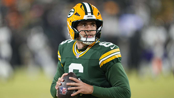 Dec 27, 2025; Green Bay, Wisconsin, USA;  Green Bay Packers quarterback Clayton Tune (6) during warmups prior to the game against the Baltimore Ravens at Lambeau Field. Mandatory Credit: Jeff Hanisch-Imagn Images
