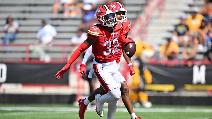 Sep 13, 2025; College Park, Maryland, USA; Maryland Terrapins defensive back Messiah Delhomme (33) celebrates after recovering a fumble in the first half against the Towson Tigers at SECU Stadium. Mandatory Credit: Jamie Sabau-Imagn Images Sep 13, 2025; College Park, Maryland, USA; Maryland Terrapins defensive back Messiah Delhomme (33) celebrates after recovering a fumble in the first half against the Towson Tigers at SECU Stadium. Mandatory Credit: Jamie Sabau-Imagn Images