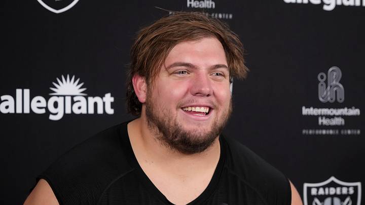 Las Vegas Raiders lineman Jackson Powers-Johnson during training camp press conference.