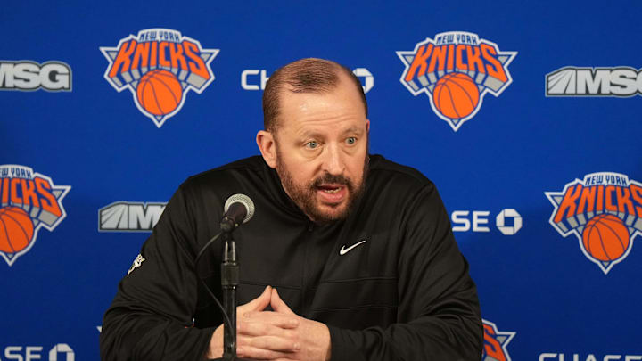 Mar 7, 2025; Inglewood, California, USA; New York Knicks coach Tom Thibodeau at a press conference at the Intuit Dome. Mandatory Credit: Kirby Lee-Imagn Images