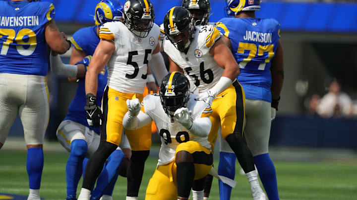 Oct 22, 2023; Inglewood, California, USA; Pittsburgh Steelers defensive tackle Larry Ogunjobi (99) celebrates with linebacker Cole Holcomb (55) and linebacker Alex Highsmith (56) in the first half at SoFi Stadium. Mandatory Credit: Kirby Lee-Imagn Images Oct 22, 2023; Inglewood, California, USA; Pittsburgh Steelers defensive tackle Larry Ogunjobi (99) celebrates with linebacker Cole Holcomb (55) and linebacker Alex Highsmith (56) in the first half at SoFi Stadium. Mandatory Credit: Kirby Lee-Imagn Images