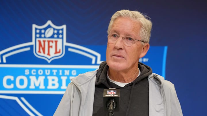 Feb 25, 2025; Indianapolis, IN, USA; Las Vegas Raiders coach Pete Carroll speaks during the NFL Scouting Combine at the Indiana Convention Center. Mandatory Credit: Kirby Lee-Imagn Images