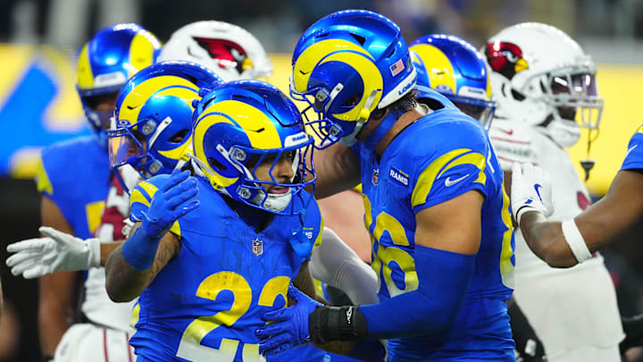 Dec 28, 2024; Inglewood, California, USA; Los Angeles Rams running back Kyren Williams (23) celebrates with tight end Colby Parkinson (86) after scoring on a 1-yard touchdown run against the Arizona Cardinals in the first half at SoFi Stadium. Mandatory Credit: Kirby Lee-Imagn Images Dec 28, 2024; Inglewood, California, USA; Los Angeles Rams running back Kyren Williams (23) celebrates with tight end Colby Parkinson (86) after scoring on a 1-yard touchdown run against the Arizona Cardinals in the first half at SoFi Stadium. Mandatory Credit: Kirby Lee-Imagn Images