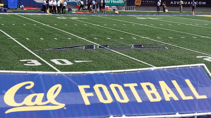 Aug 31, 2024; Berkeley, California, USA; The Atlantic Coast Conference logo is painted on the field before the game between the California Golden Bears and the UC Davis Aggies at California Memorial Stadium. Mandatory Credit: Darren Yamashita-Imagn Images