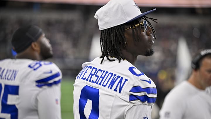 Dallas Cowboys linebacker DeMarvion Overshown looks on before the game between the Cowboys and the Baltimore Ravens.