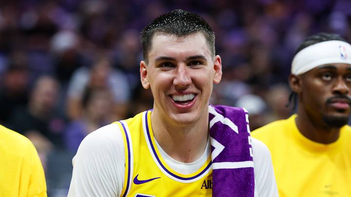 Oct 5, 2026; Sacramento, California, USA; Los Angeles Lakers forward Jake LaRavia (12) smiles on the bench during the second quarter against the Sacramento Kings at Golden 1 Center. Mandatory Credit: Sergio Estrada-Imagn Images Oct 5, 2026; Sacramento, California, USA; Los Angeles Lakers forward Jake LaRavia (12) smiles on the bench during the second quarter against the Sacramento Kings at Golden 1 Center. Mandatory Credit: Sergio Estrada-Imagn Images