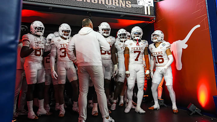 Texas Longhorns head coach Steve Sarkisian leads his team to the field for the second half of the College Football Playoff semifinal game against Ohio State in the Cotton Bowl at AT&T Stadium on Friday, Jan. 10, 2024 in Arlington, Texas.