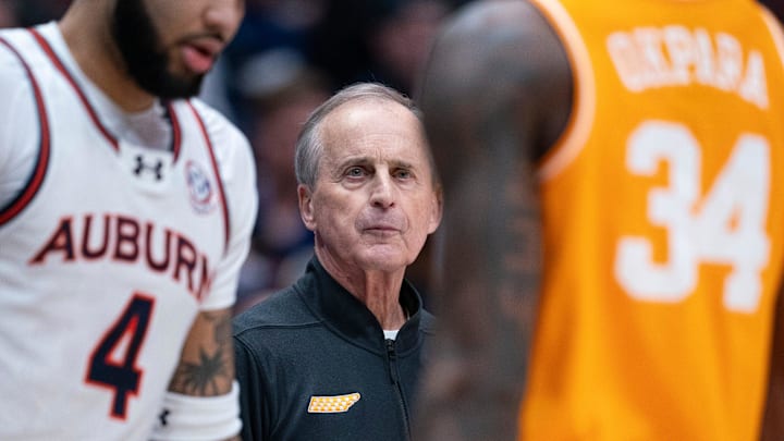 Tennessee head coach Rick Barnes talks to his player during a break in action against Auburn during the first half of their semifinal game of the SEC Men's Basketball Tournament at Bridgestone Arena in Nashville, Tenn., Saturday, March 15, 2025. Tennessee head coach Rick Barnes talks to his player during a break in action against Auburn during the first half of their semifinal game of the SEC Men's Basketball Tournament at Bridgestone Arena in Nashville, Tenn., Saturday, March 15, 2025.