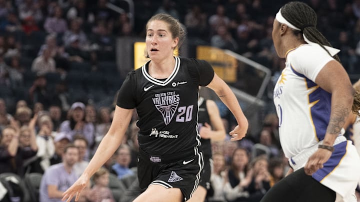 May 6, 2025; San Francisco, CA, USA; Golden State Valkyries guard Kate Martin (20) dribbles the basketball against Los Angeles Sparks guard Odyssey Sims (0) during the first quarter at Chase Center. Mandatory Credit: Kyle Terada-Imagn Images May 6, 2025; San Francisco, CA, USA; Golden State Valkyries guard Kate Martin (20) dribbles the basketball against Los Angeles Sparks guard Odyssey Sims (0) during the first quarter at Chase Center. Mandatory Credit: Kyle Terada-Imagn Images