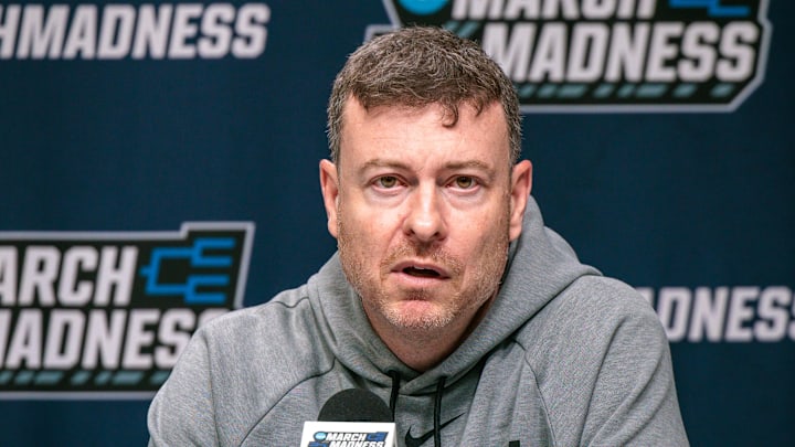 Mar 18, 2026; Oklahoma City, OK, USA; Vanderbilt Commodores head coach Mark Byington gives an interview prior to a practice session ahead of the first round of the men's 2026 NCAA Tournament at Paycom Center. Mandatory Credit: William Purnell-Imagn Images