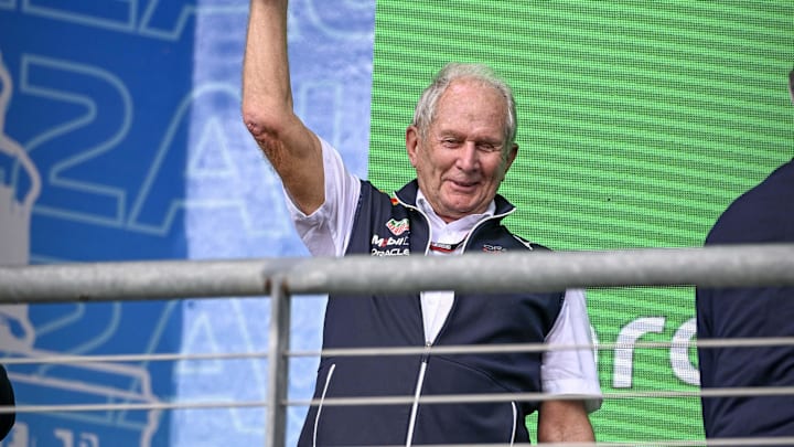 Oct 23, 2022; Austin, Texas, USA; Helmut Marko of Red Bull Racing Team holds up the World