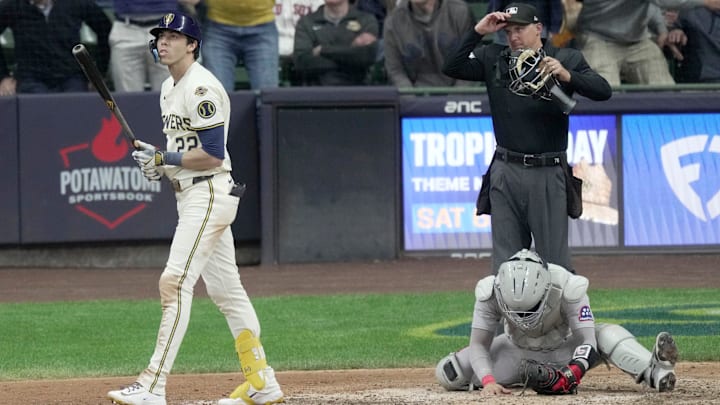 Milwaukee Brewers outfielder Christian Yelich (22) watches his walk-off grand slam home run during the tenth inning of their game against the Boston Red Sox Tuesday, May 27, 2025 at American Family Field in Milwaukee, Wisconsin. The Brewers beat the Red Sox 5-1 in 10 innings.