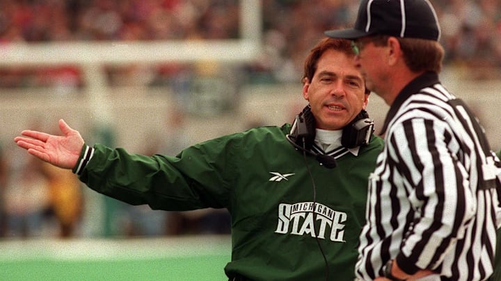 October 25, 1997; East Lansing, MI; MSU head coach Nick Saban protests to a game official during the MSU U of M matchup at Spartan Stadium. Mandatory Credit: Robert Killips/Lansing State Journal-USA TODAY NETWORK 