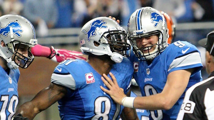 Lions QB Matthew Stafford congratulates Calvin Johnson after a touchdown catch against the Bengals during the fourth quarter on Sunday, Oct. 20, 2013, at Ford Field.

Dfp 1025 Calvin John 1 1 0r5g8p8j L307982751