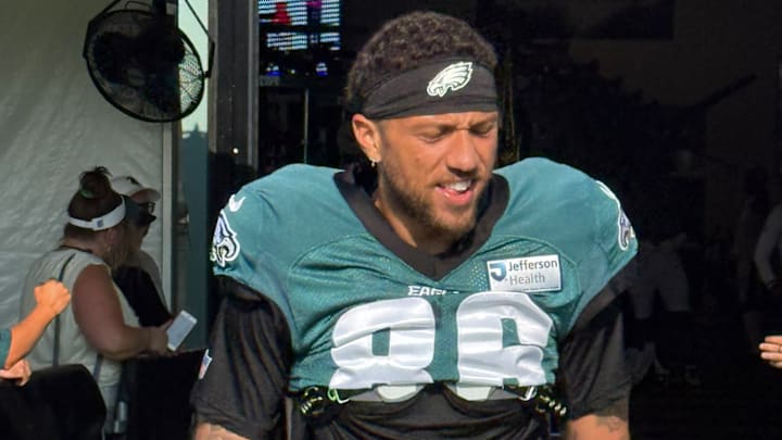 Eagles WR Elijah Cooks arrives at practice on July 29, 2025. Eagles WR Elijah Cooks arrives at practice on July 29, 2025.