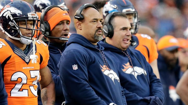 Jan 1, 2017; Denver, CO, USA; Denver Broncos running backs coach Eric Studesville in the third quarter against the Oakland Raiders at Sports Authority Field at Mile High. Mandatory Credit: Isaiah J. Downing-Imagn Images