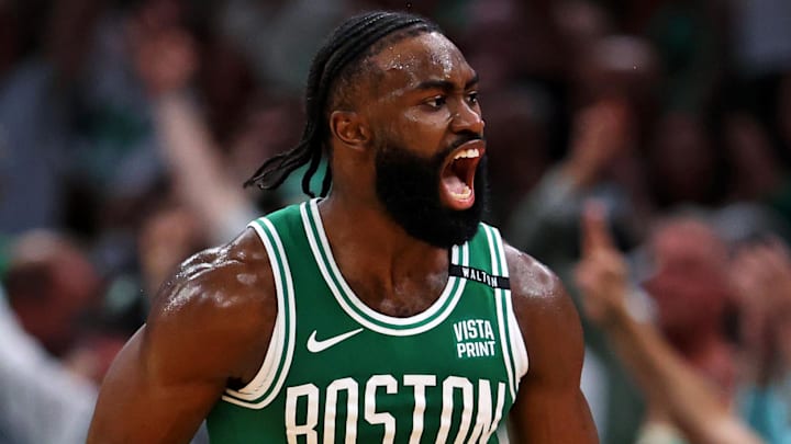 Boston Celtics guard Jaylen Brown (7) celebrates after making a three pointer against the Dallas Mavericks in game five of the 2024 NBA Finals.