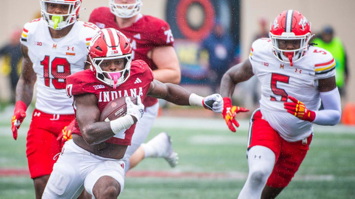 Indiana's Ty Son Lawton (17) runs during the Indiana versus Maryland football game at Memorial Stadium on Saturday, Sept. 28, 2024. Indiana's Ty Son Lawton (17) runs during the Indiana versus Maryland football game at Memorial Stadium on Saturday, Sept. 28, 2024.