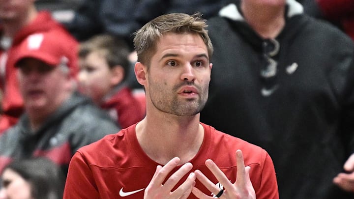 Jan 25, 2025; Pullman, Washington, USA; Washington State Cougars head coach David Riley reacts after a play during a game against the St. Mary's Gaels in the second half at Friel Court at Beasley Coliseum. Mandatory Credit: James Snook-Imagn Images