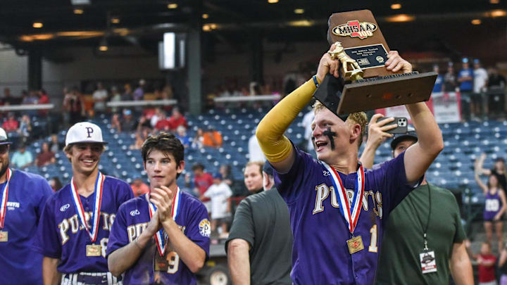 Purvis' Jojo Parker (1) celebrates the team's win after playing West Lauderdale during the MHSAA class 6A baseball championships at Trustmark Park in Pearl, Miss., Friday, June 2, 2023.