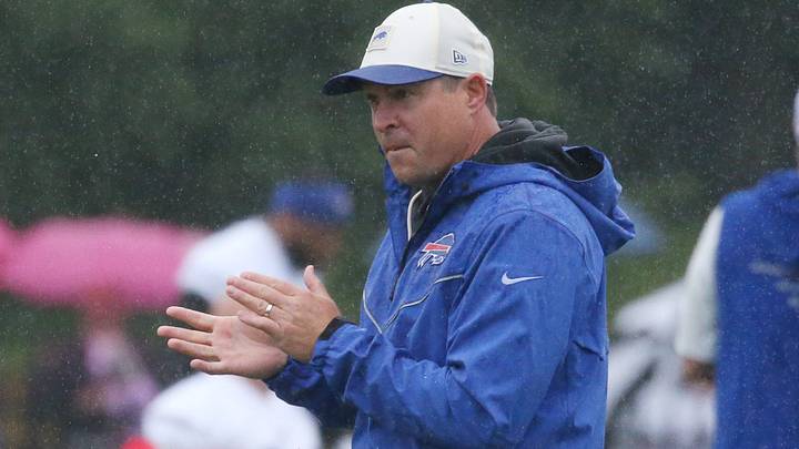 Buffalo Bills' new defensive coordinator Jim Leonhard cheers on his players during the opening day of Bills' training camp at St. John Fisher University on Wednesday, July 29, 2026, in Pittsford, New York. Buffalo Bills' new defensive coordinator Jim Leonhard cheers on his players during the opening day of Bills' training camp at St. John Fisher University on Wednesday, July 29, 2026, in Pittsford, New York.
